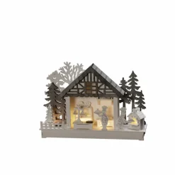 LED-Dekoration, Holzsilhouette Haus und Bäckerei, Batteriebetrieb, weiß