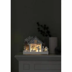LED-Dekoration, Holzsilhouette Haus und Bäckerei, Batteriebetrieb, weiß