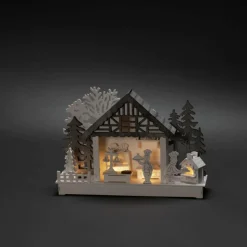 LED-Dekoration, Holzsilhouette Haus und Bäckerei, Batteriebetrieb, weiß