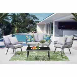 Sitzgruppe, polyrattan|stahl|sicherheitsglas, grau|schwarz