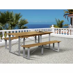 Sitzgruppe, 1 Tisch + 2 Sitzbänke, Akazie, natur/grau